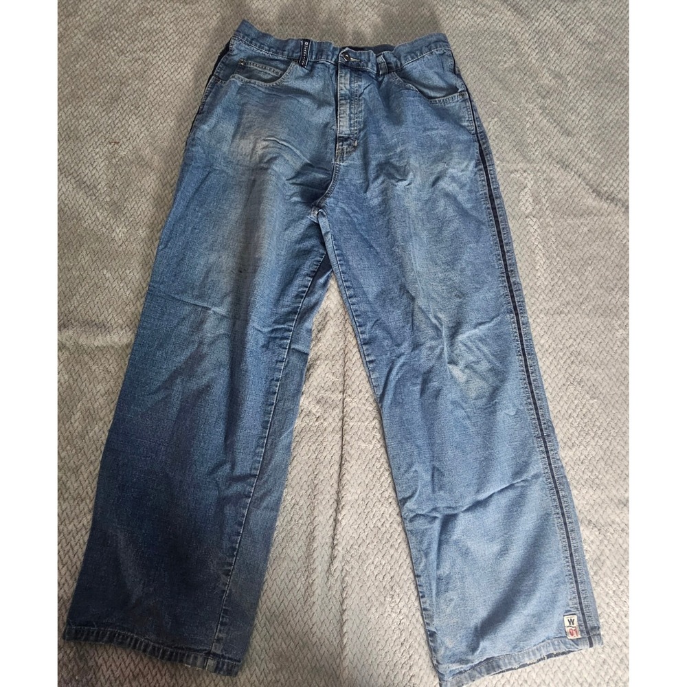WearFirst Jeans Mens 36x32(TAG) Blue Denim Y2K Straight‎ Leg Side Stripe Skater
